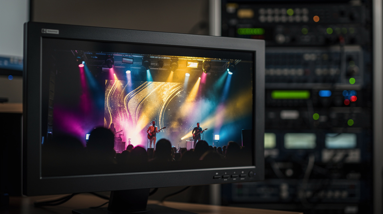 Live broadcast monitor displaying a stage performance feed