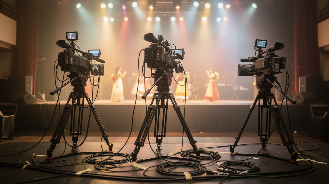Multiple broadcast cameras positioned for a live stage transition