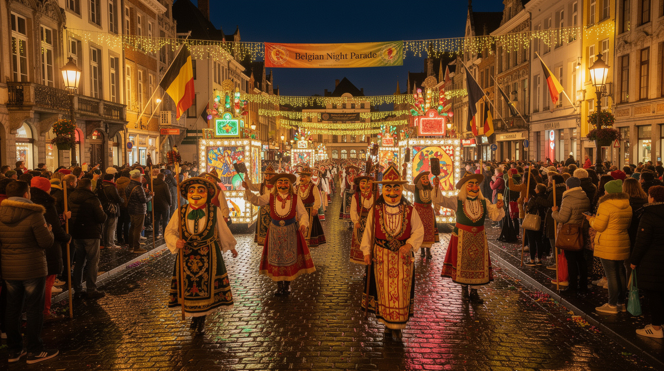 Night parade with illuminated floats during a cultural celebration