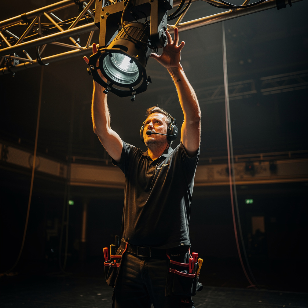 Belgian lighting technician adjusting a spotlight rig on a dark stage