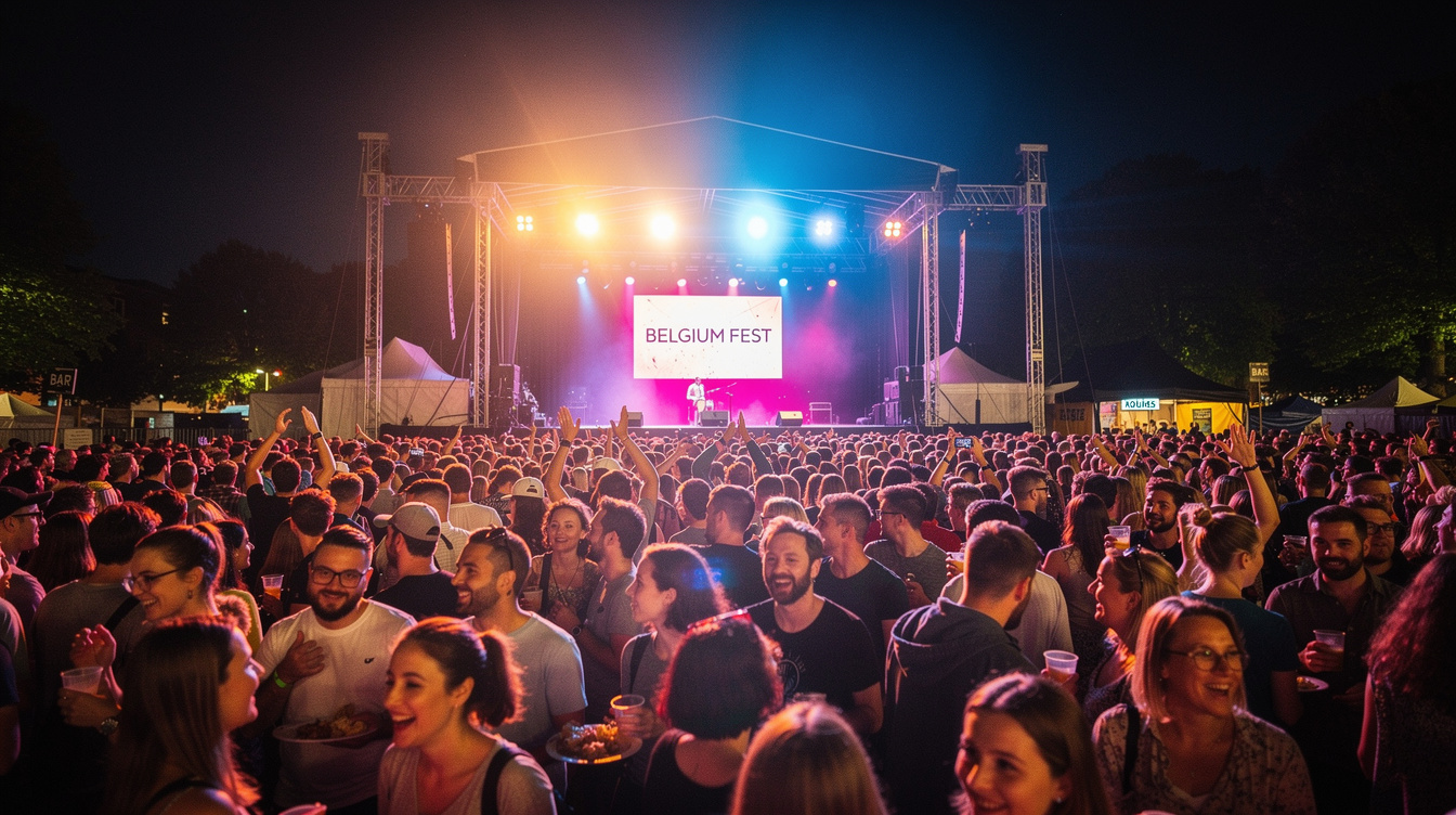 Crowd at an outdoor cultural festival under colorful stage lights
