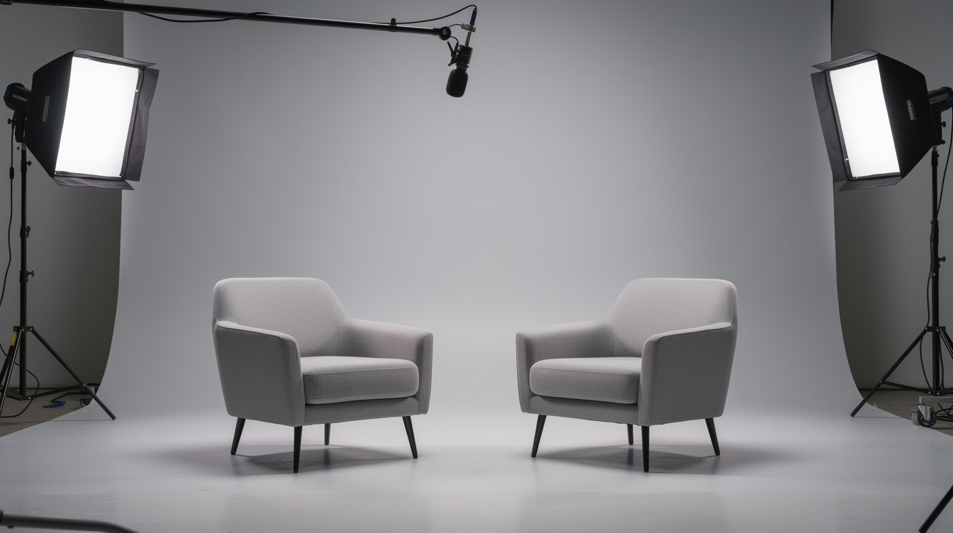 Interview set with two chairs and softbox lighting