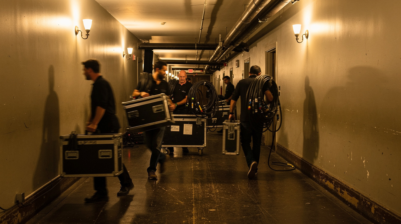 Backstage corridor with production crew carrying equipment