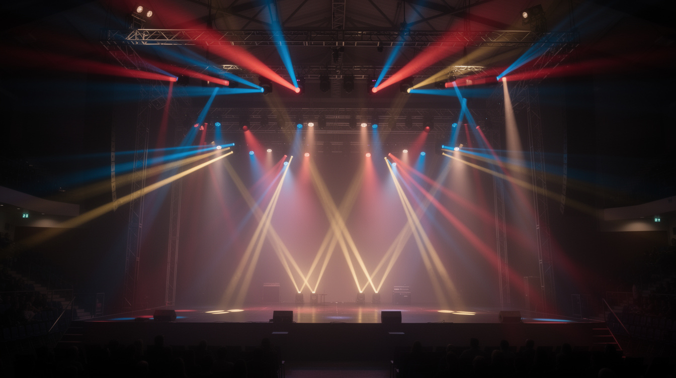 Colorful stage lighting rig with moving spotlights above an empty stage