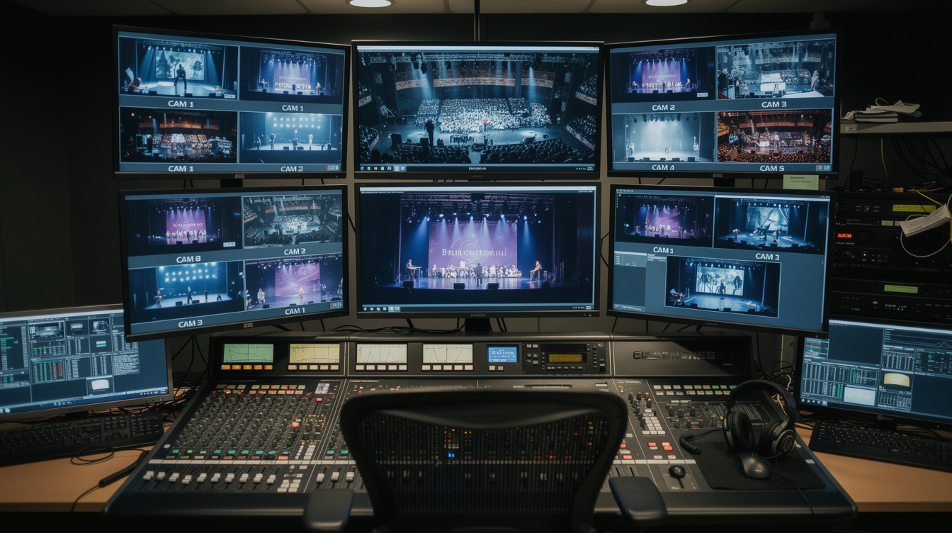 Backstage production control room with video monitors
