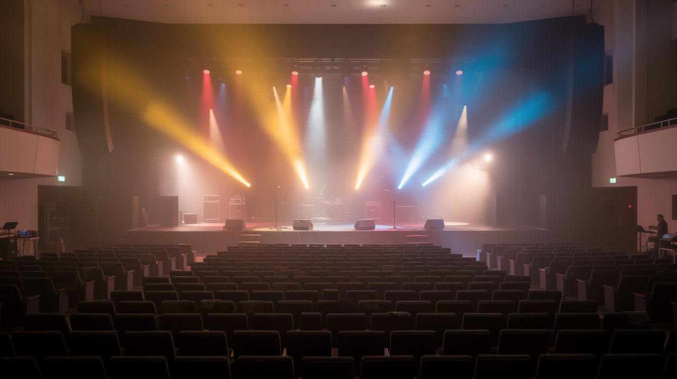 Concert stage illuminated with colorful spotlights and haze