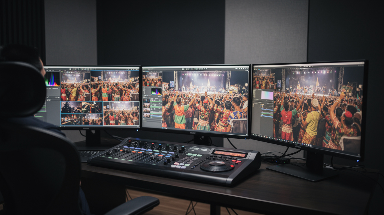Video editing bay with multiple monitors showing footage
