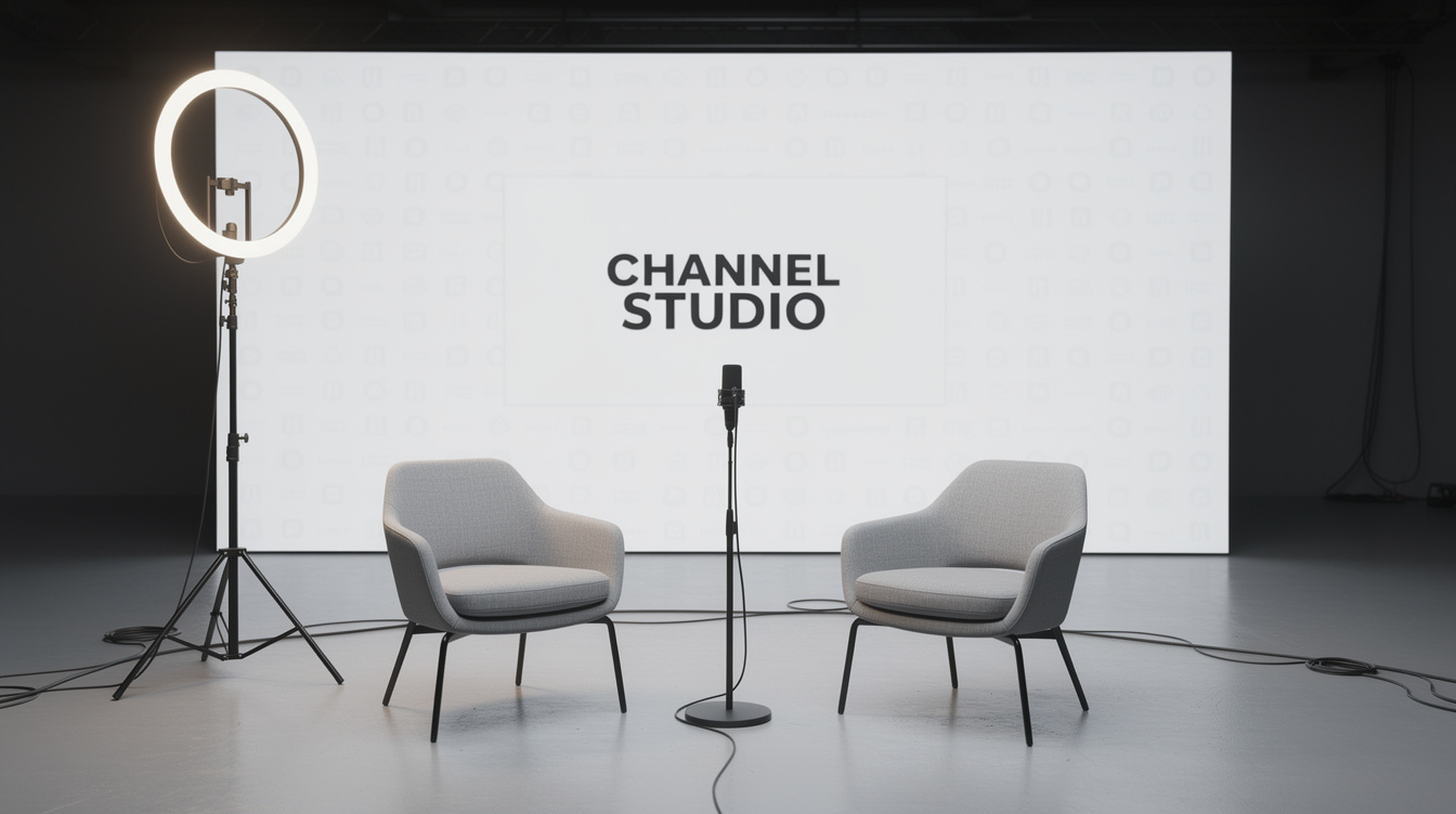 Television interview backdrop with lighting and microphone stand