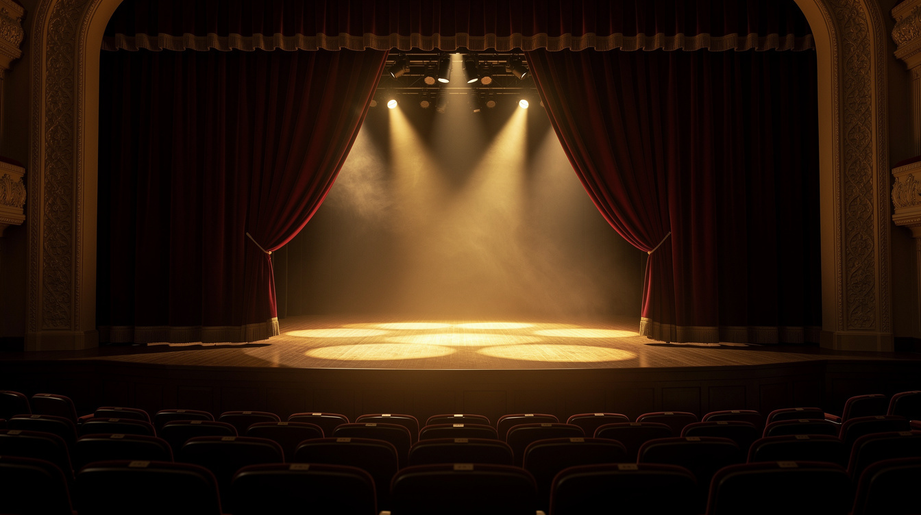 Empty theatre stage lit with dramatic warm spotlights