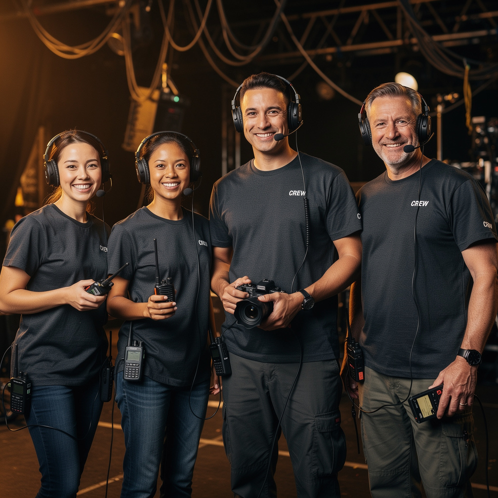 Diverse production crew standing together backstage